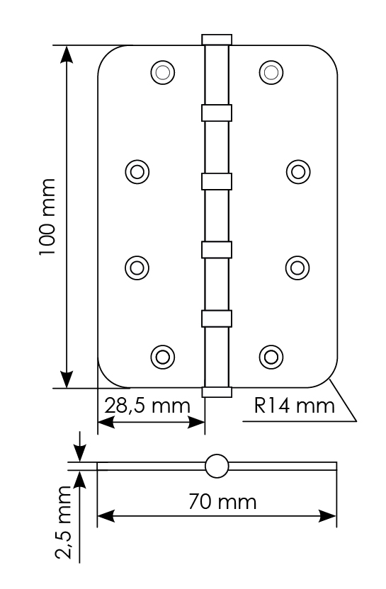 Петля стальная MSN-C 100X70X2.5-4BB SG скругленная универсальная с подшипником, вес полотна до 40 кг, цвет матовое золото фото купить в Севастополе